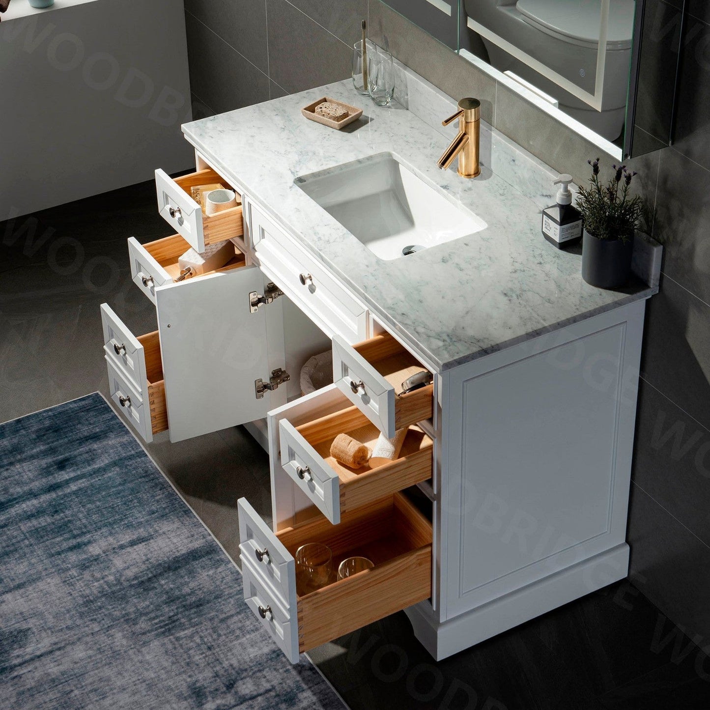 WoodBridge London 48" White Solid Wood Bathroom Vanity Base and Italian Carrara Marble Top, Rectangle Undermount Sink, 2 Soft Closing Doors and 6 Full Extension Dovetail Drawers With Single Faucet Hole
