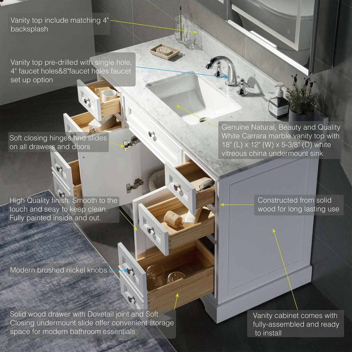 WoodBridge London 48" White Solid Wood Bathroom Vanity Base and Italian Carrara Marble Top, Rectangle Undermount Sink, 2 Soft Closing Doors and 6 Full Extension Dovetail Drawers With Single Faucet Hole