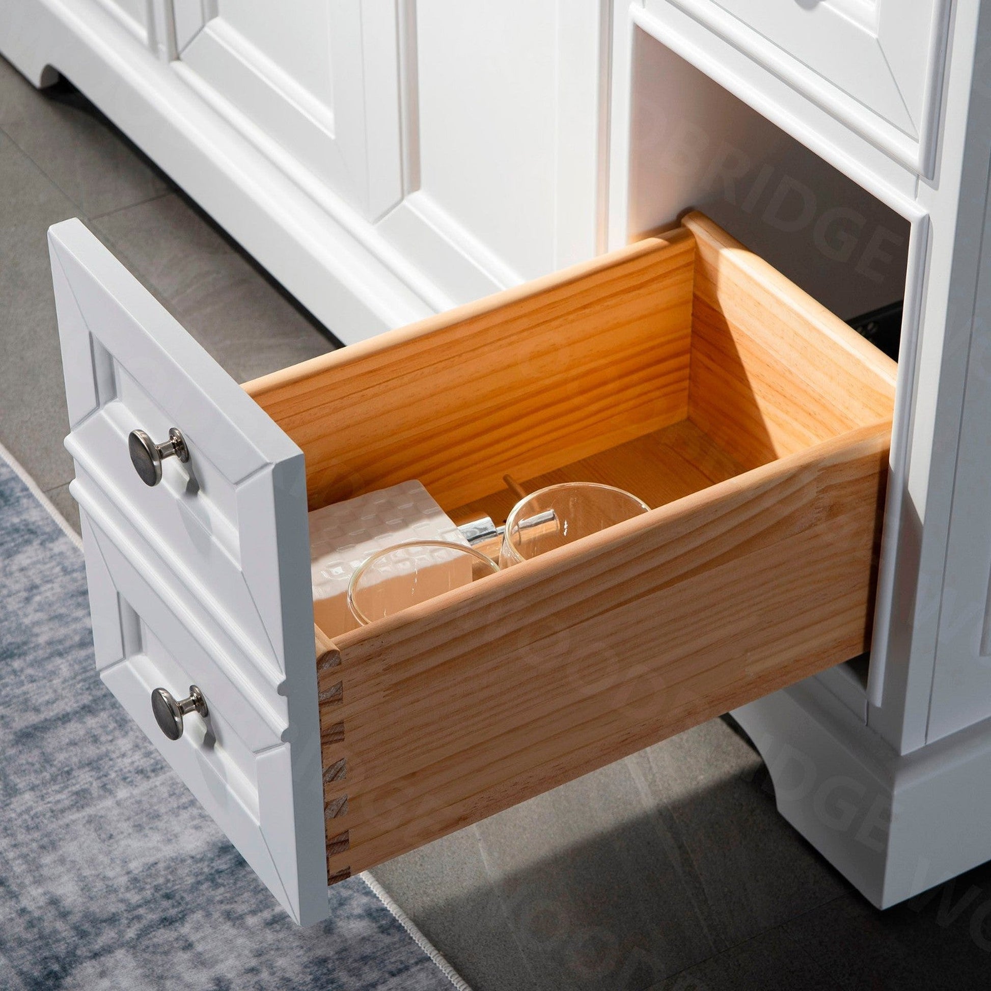 WoodBridge London 48" White Solid Wood Bathroom Vanity Base and Italian Carrara Marble Top, Rectangle Undermount Sink, 2 Soft Closing Doors and 6 Full Extension Dovetail Drawers With Single Faucet Hole