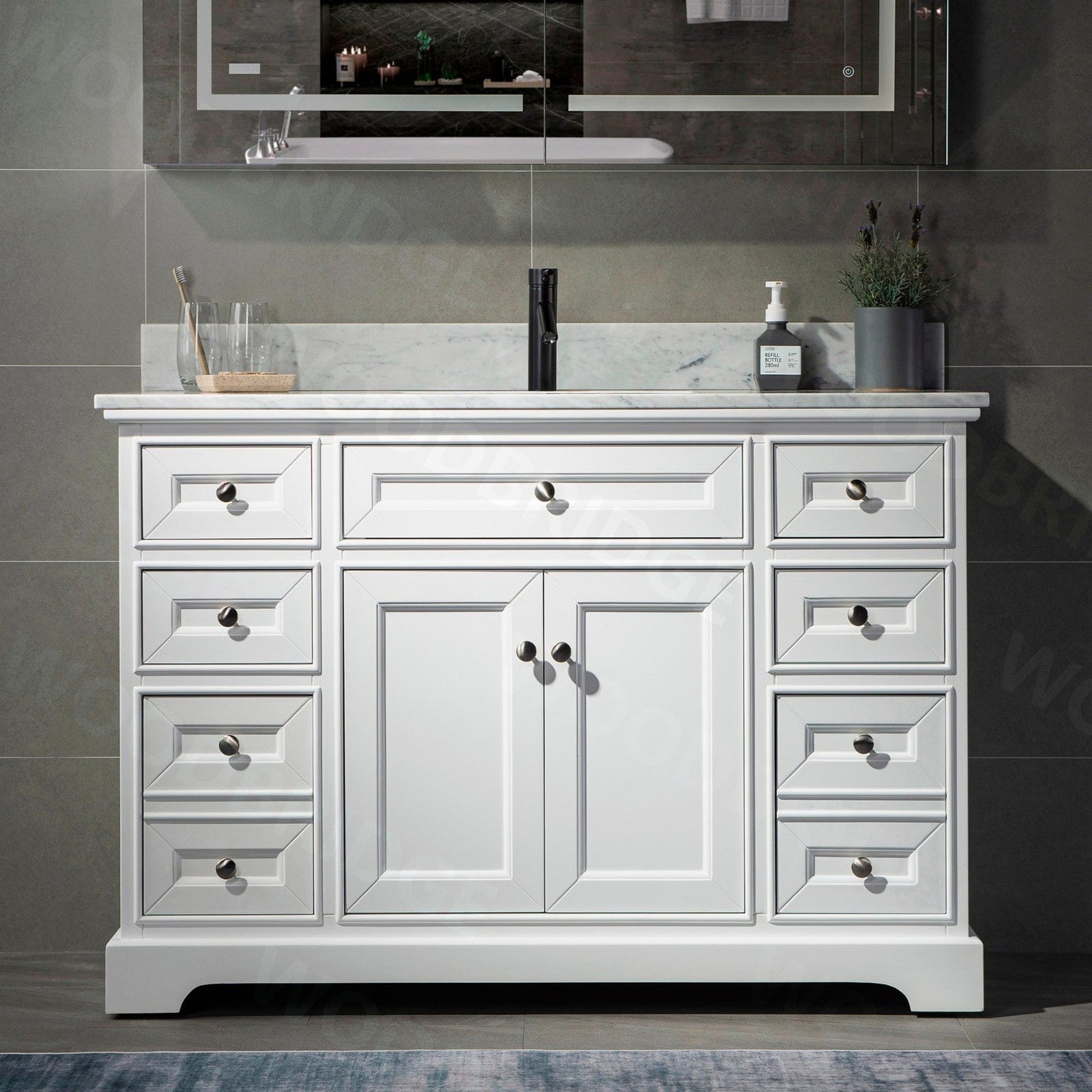 WoodBridge London 48" White Solid Wood Bathroom Vanity Base and Italian Carrara Marble Top, Rectangle Undermount Sink, 2 Soft Closing Doors and 6 Full Extension Dovetail Drawers With Single Faucet Hole