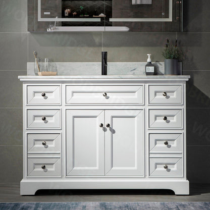 WoodBridge London 48" White Solid Wood Bathroom Vanity Base and Italian Carrara Marble Top, Rectangle Undermount Sink, 2 Soft Closing Doors and 6 Full Extension Dovetail Drawers With Single Faucet Hole
