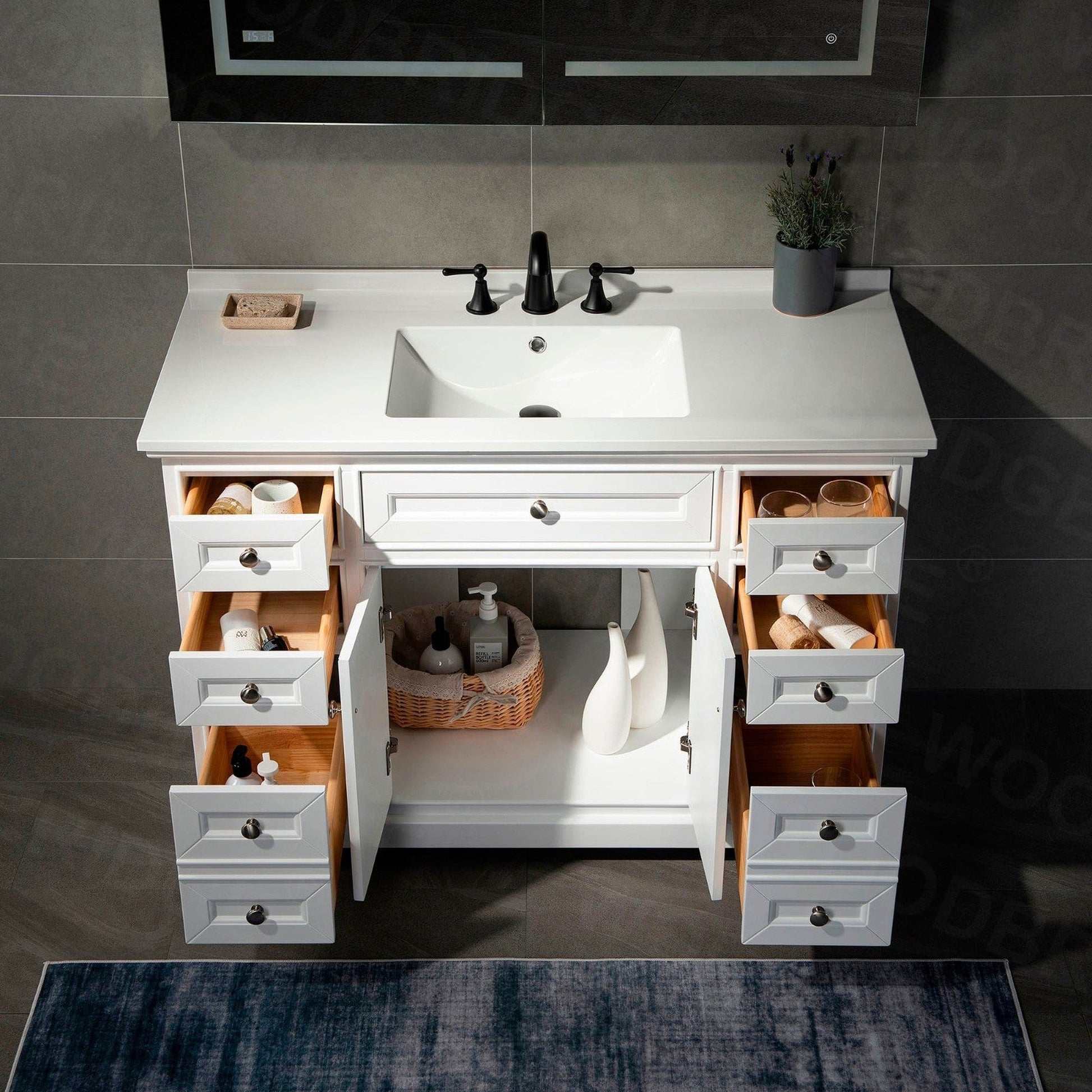 WoodBridge London 48" White Solid Wood Bathroom Vanity Base and White Solid Surface Vanity Top, Undermount Sink, 2 Soft Closing Doors and 6 Full Extension Dovetail Drawers With 4" Faucet Holes