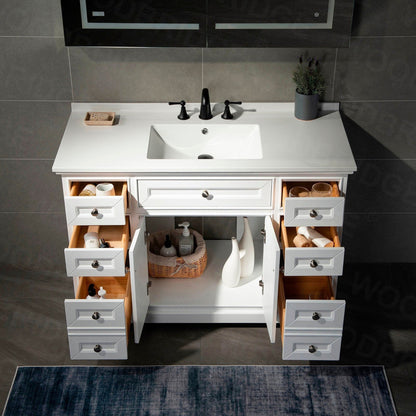 WoodBridge London 48" White Solid Wood Bathroom Vanity Base and White Solid Surface Vanity Top, Undermount Sink, 2 Soft Closing Doors and 6 Full Extension Dovetail Drawers With 4" Faucet Holes
