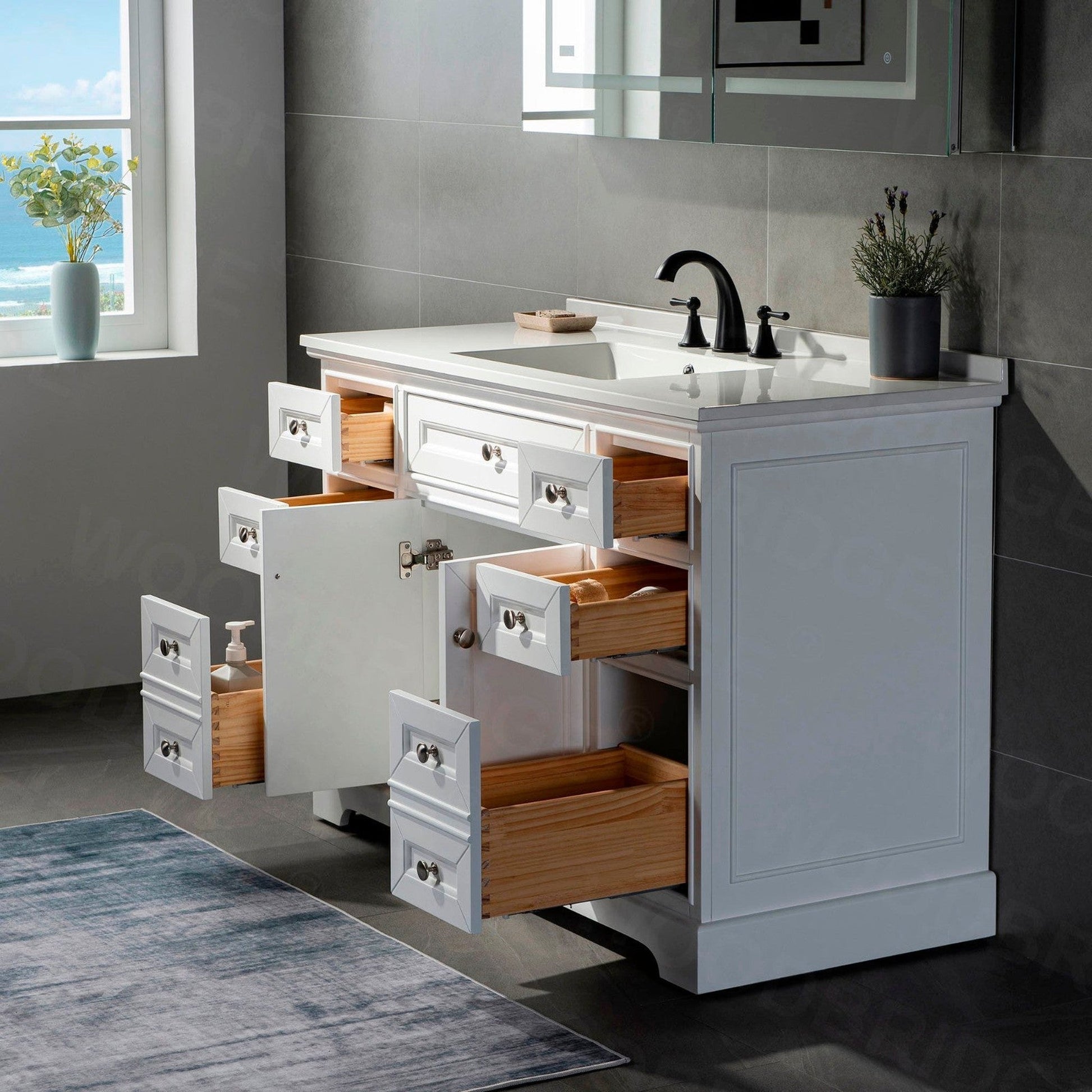 WoodBridge London 48" White Solid Wood Bathroom Vanity Base and White Solid Surface Vanity Top, Undermount Sink, 2 Soft Closing Doors and 6 Full Extension Dovetail Drawers With 4" Faucet Holes