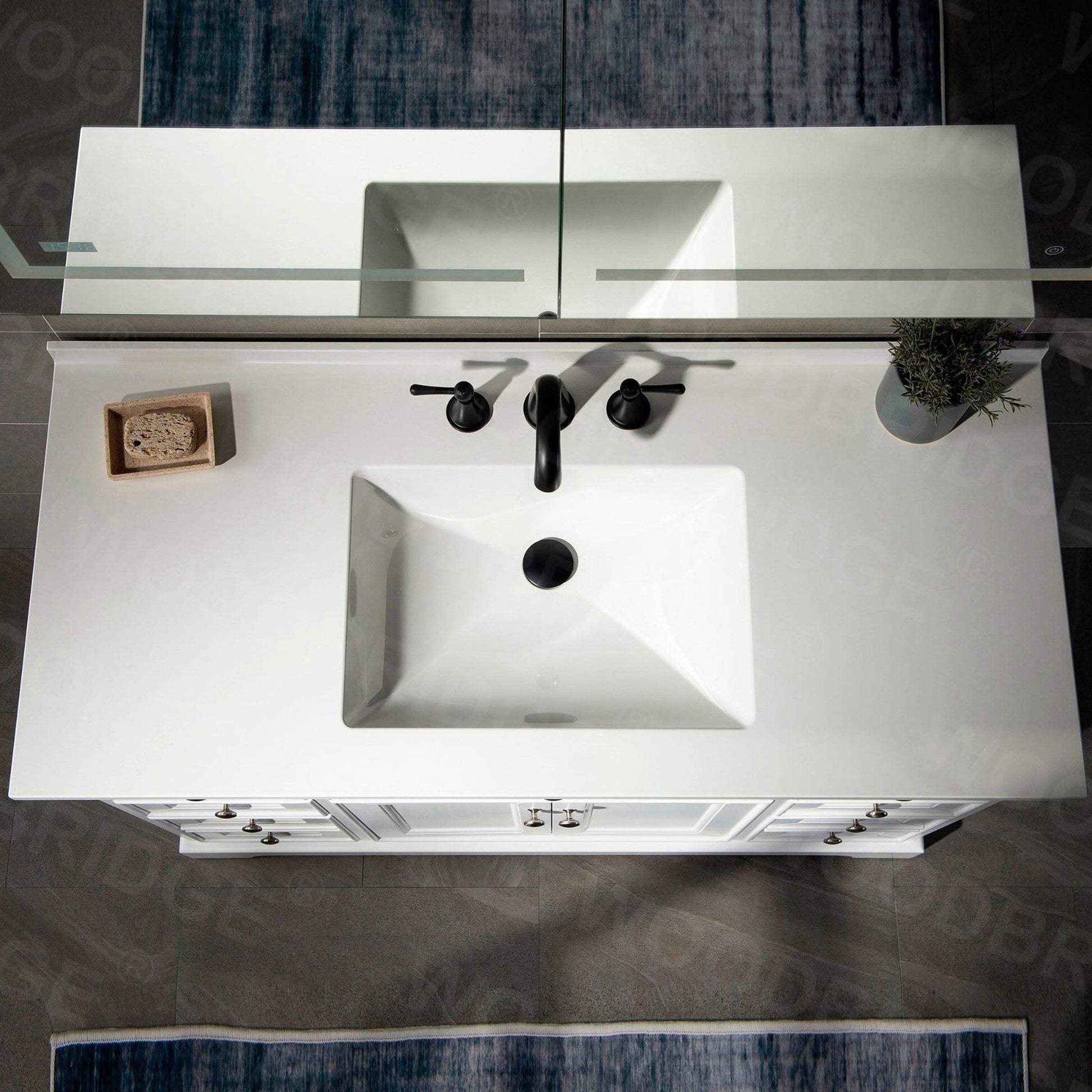 WoodBridge London 48" White Solid Wood Bathroom Vanity Base and White Solid Surface Vanity Top, Undermount Sink, 2 Soft Closing Doors and 6 Full Extension Dovetail Drawers With 4" Faucet Holes