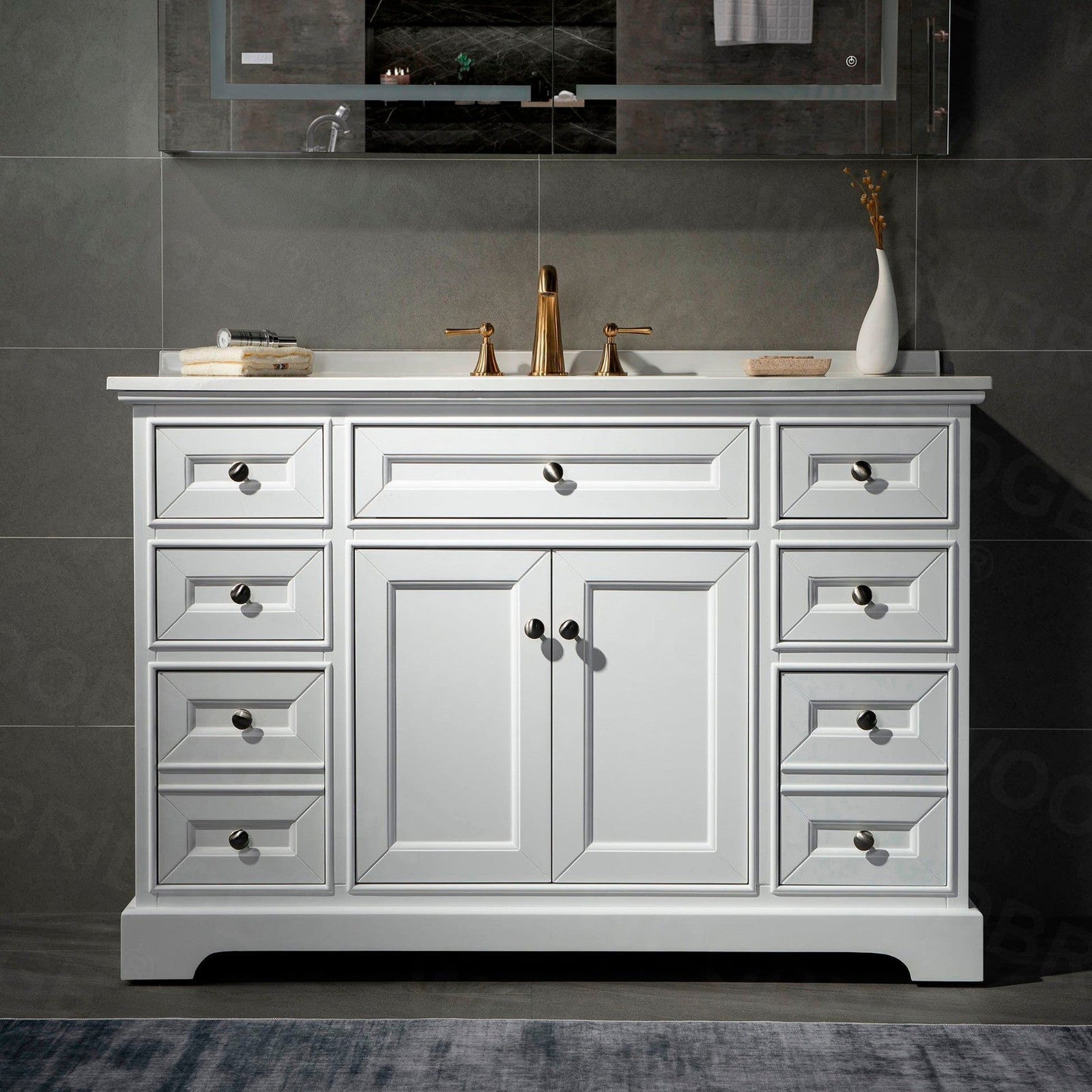 WoodBridge London 48" White Solid Wood Bathroom Vanity Base and White Solid Surface Vanity Top, Undermount Sink, 2 Soft Closing Doors and 6 Full Extension Dovetail Drawers With 4" Faucet Holes