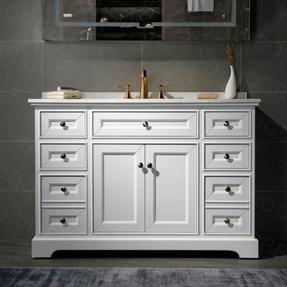 WoodBridge London 48" White Solid Wood Bathroom Vanity Base and White Solid Surface Vanity Top, Undermount Sink, 2 Soft Closing Doors and 6 Full Extension Dovetail Drawers With 4" Faucet Holes