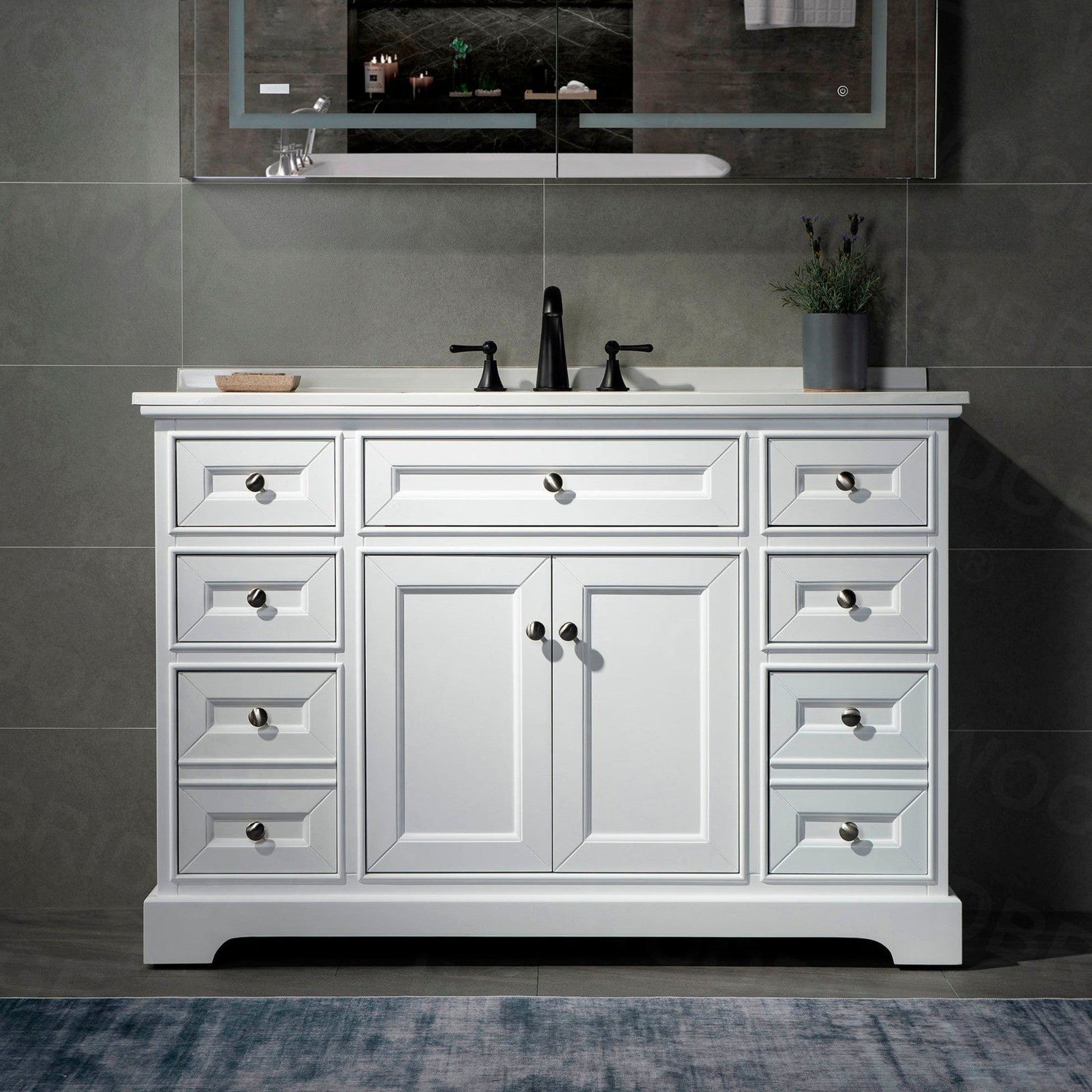 WoodBridge London 48" White Solid Wood Bathroom Vanity Base and White Solid Surface Vanity Top, Undermount Sink, 2 Soft Closing Doors and 6 Full Extension Dovetail Drawers With 4" Faucet Holes