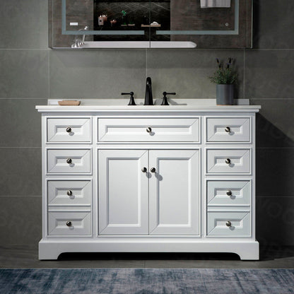 WoodBridge London 48" White Solid Wood Bathroom Vanity Base and White Solid Surface Vanity Top, Undermount Sink, 2 Soft Closing Doors and 6 Full Extension Dovetail Drawers With 4" Faucet Holes