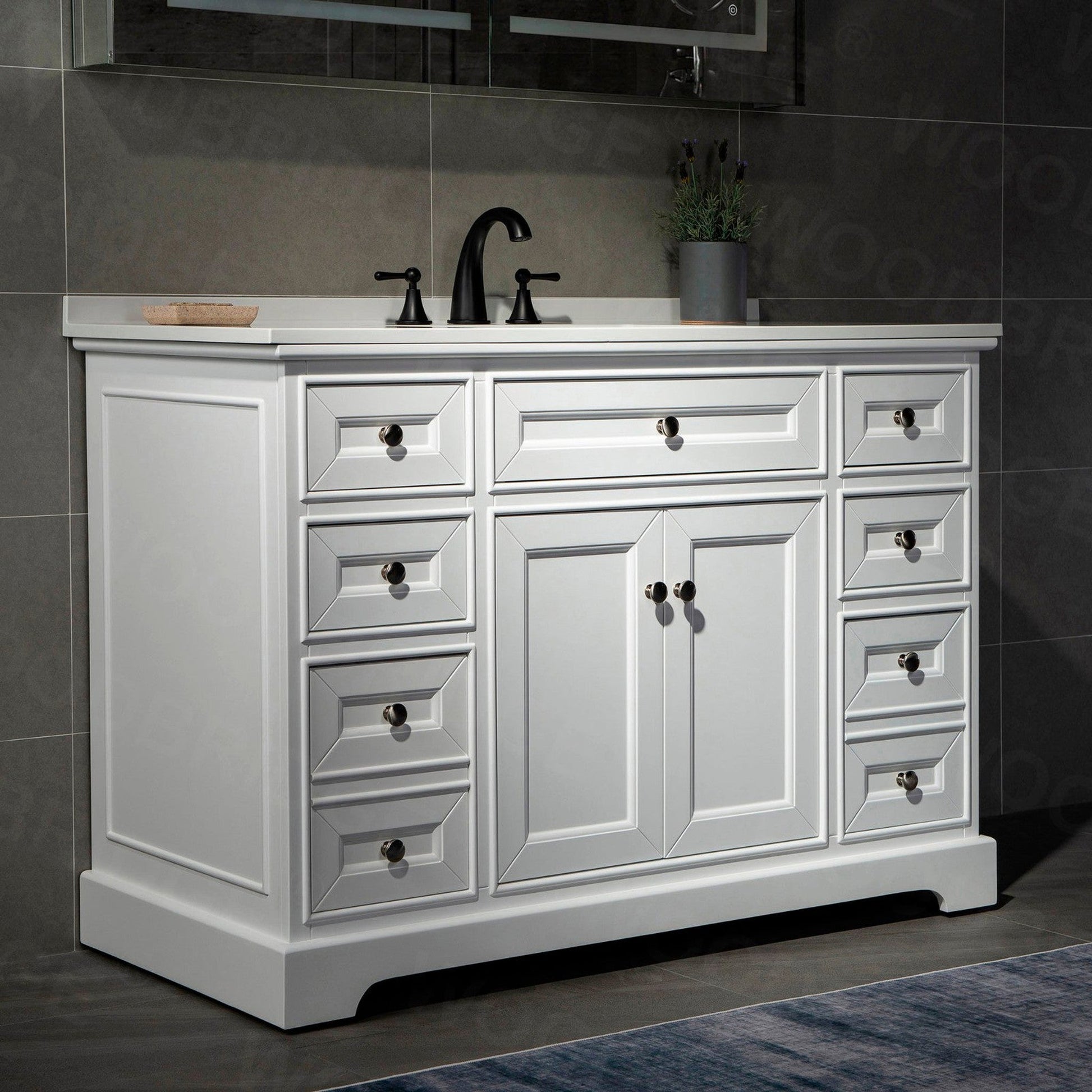 WoodBridge London 48" White Solid Wood Bathroom Vanity Base and White Solid Surface Vanity Top, Undermount Sink, 2 Soft Closing Doors and 6 Full Extension Dovetail Drawers With 4" Faucet Holes