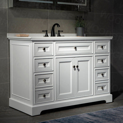WoodBridge London 48" White Solid Wood Bathroom Vanity Base and White Solid Surface Vanity Top, Undermount Sink, 2 Soft Closing Doors and 6 Full Extension Dovetail Drawers With 4" Faucet Holes