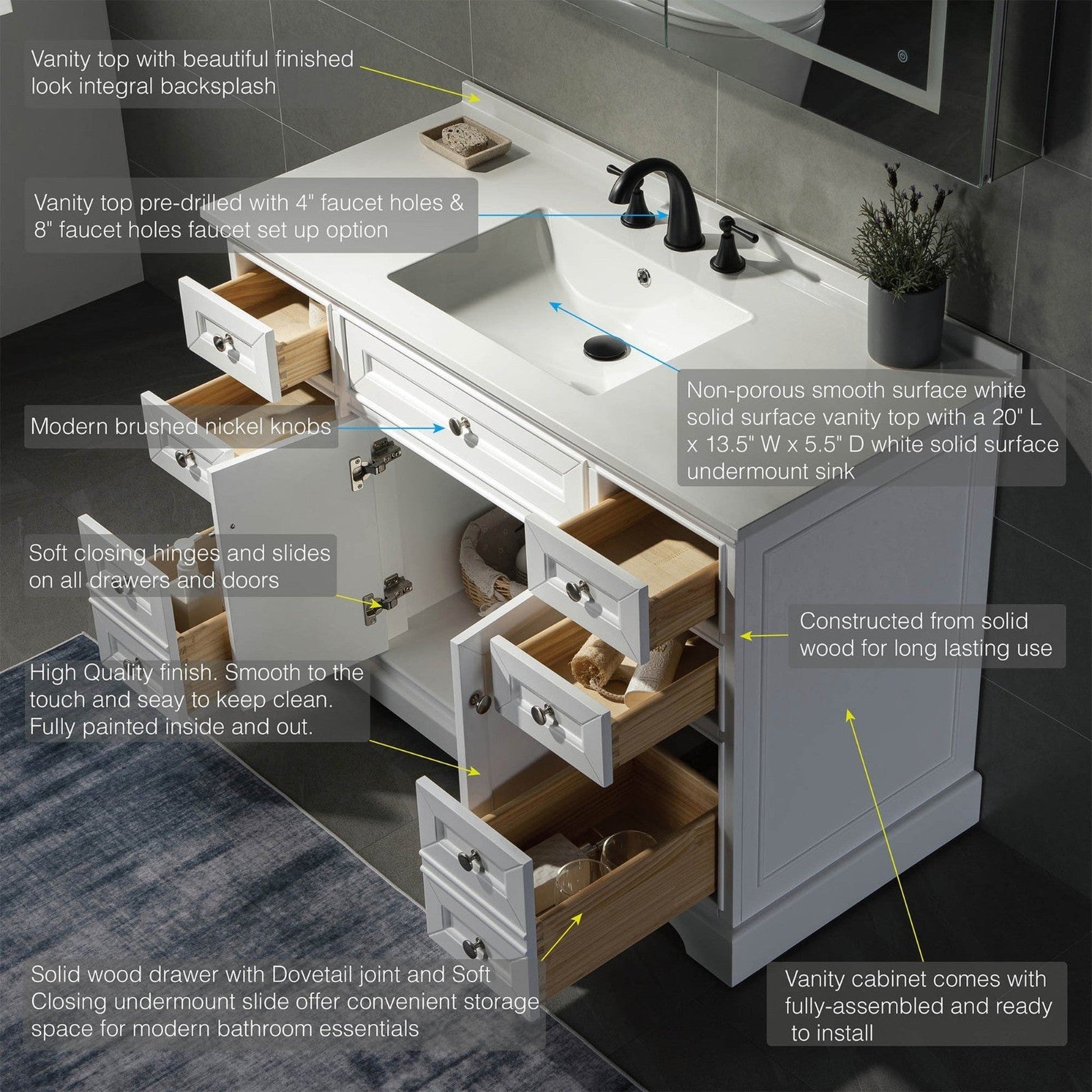 WoodBridge London 48" White Solid Wood Bathroom Vanity Base and White Solid Surface Vanity Top, Undermount Sink, 2 Soft Closing Doors and 6 Full Extension Dovetail Drawers With 4" Faucet Holes