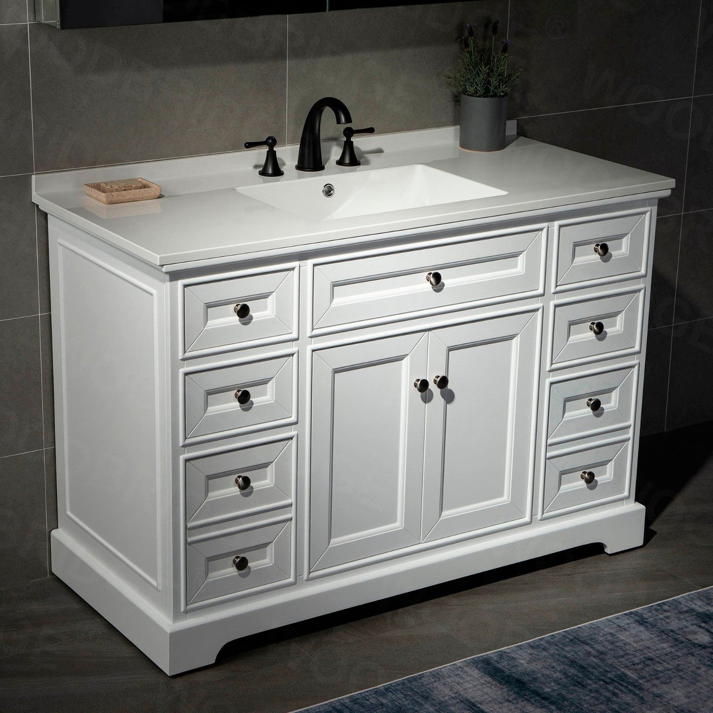 WoodBridge London 48" White Solid Wood Bathroom Vanity Base and White Solid Surface Vanity Top, Undermount Sink, 2 Soft Closing Doors and 6 Full Extension Dovetail Drawers With 4" Faucet Holes