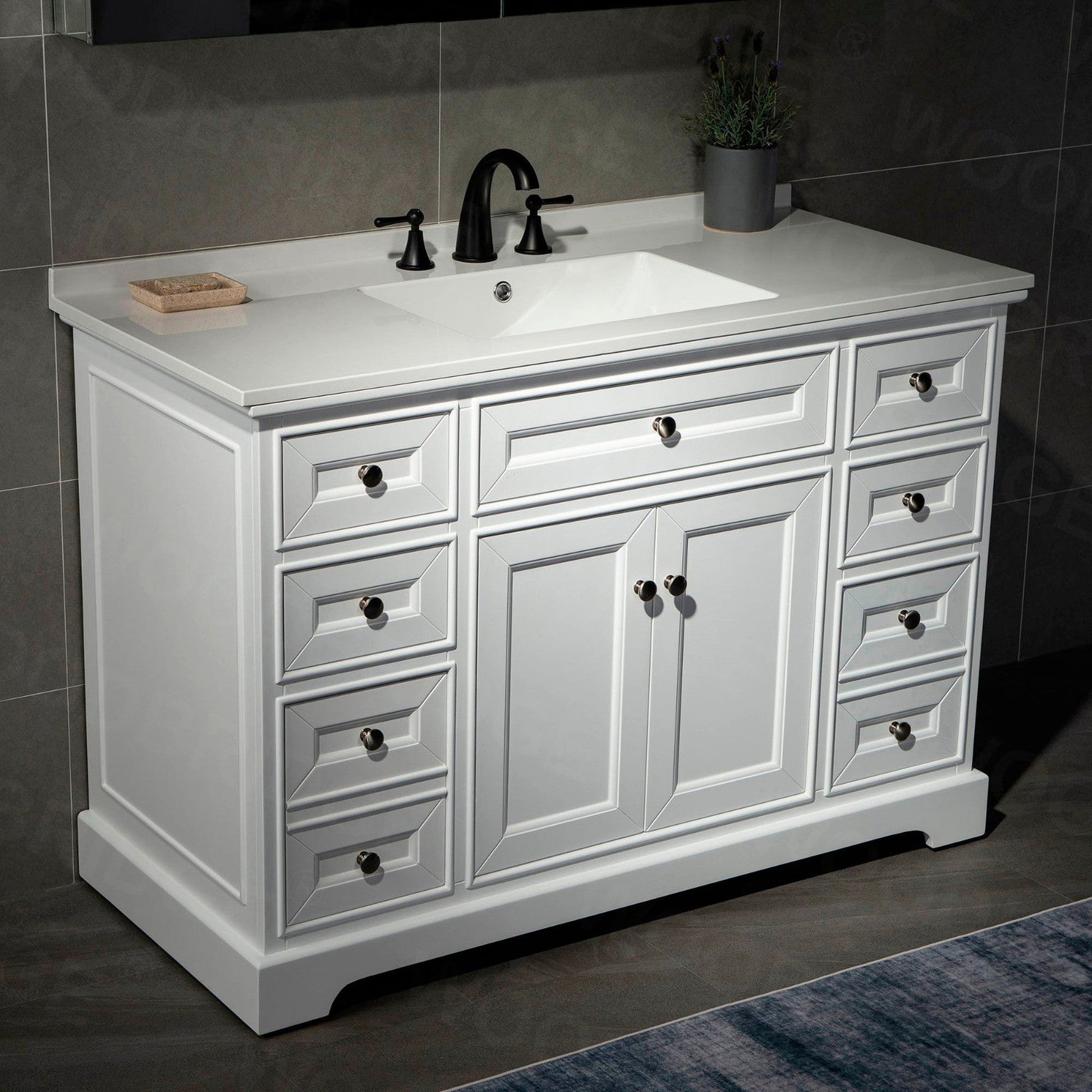 WoodBridge London 48" White Solid Wood Bathroom Vanity Base and White Solid Surface Vanity Top, Undermount Sink, 2 Soft Closing Doors and 6 Full Extension Dovetail Drawers With 4" Faucet Holes