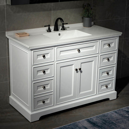 WoodBridge London 48" White Solid Wood Bathroom Vanity Base and White Solid Surface Vanity Top, Undermount Sink, 2 Soft Closing Doors and 6 Full Extension Dovetail Drawers With 4" Faucet Holes