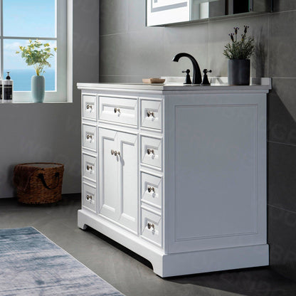 WoodBridge London 48" White Solid Wood Bathroom Vanity Base and White Solid Surface Vanity Top, Undermount Sink, 2 Soft Closing Doors and 6 Full Extension Dovetail Drawers With 4" Faucet Holes