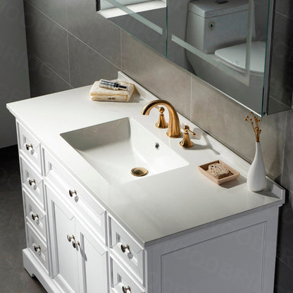 WoodBridge London 48" White Solid Wood Bathroom Vanity Base and White Solid Surface Vanity Top, Undermount Sink, 2 Soft Closing Doors and 6 Full Extension Dovetail Drawers With 4" Faucet Holes