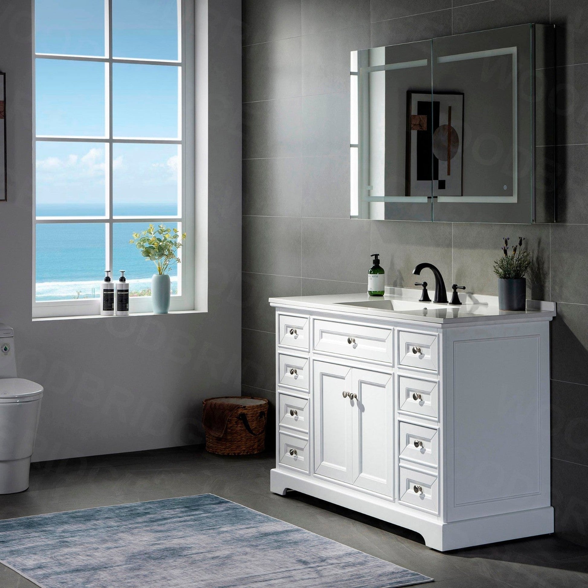 WoodBridge London 48" White Solid Wood Bathroom Vanity Base and White Solid Surface Vanity Top, Undermount Sink, 2 Soft Closing Doors and 6 Full Extension Dovetail Drawers With 4" Faucet Holes