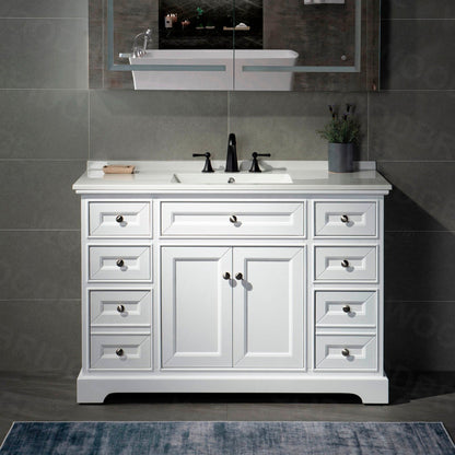 WoodBridge London 48" White Solid Wood Bathroom Vanity Base and White Solid Surface Vanity Top, Undermount Sink, 2 Soft Closing Doors and 6 Full Extension Dovetail Drawers With 4" Faucet Holes