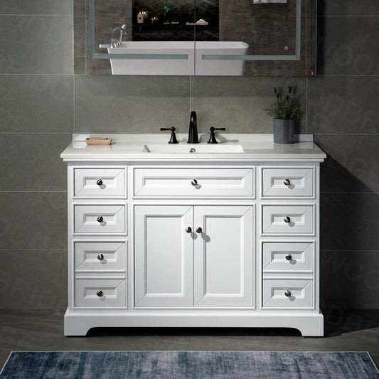 WoodBridge London 48" White Solid Wood Bathroom Vanity Base and White Solid Surface Vanity Top, Undermount Sink, 2 Soft Closing Doors and 6 Full Extension Dovetail Drawers With 4" Faucet Holes