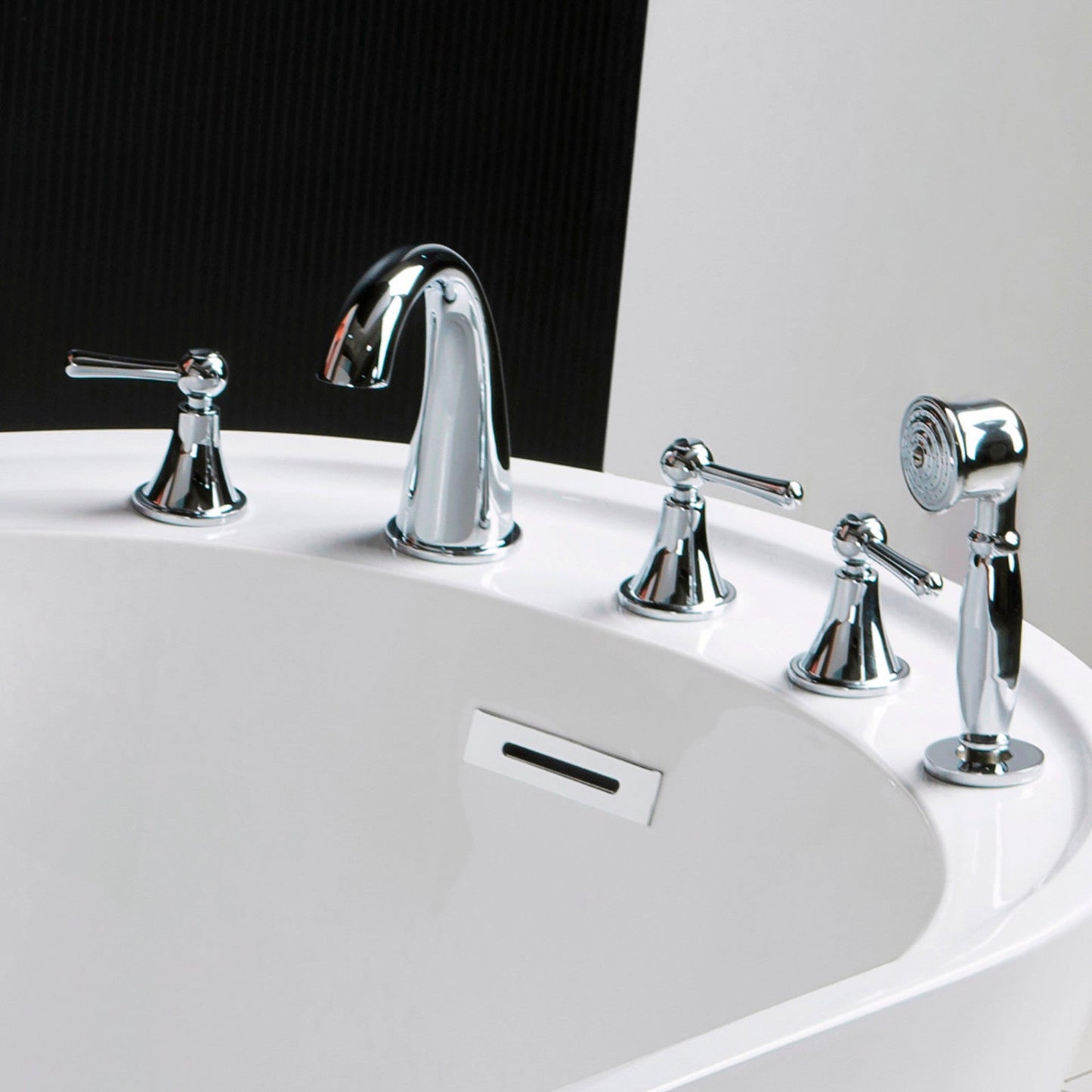 WoodBridge B0083 59" White Acrylic Freestanding Soaking Bathtub With Chrome Drain, Overflow, F0021 Tub Filler and Caddy Tray