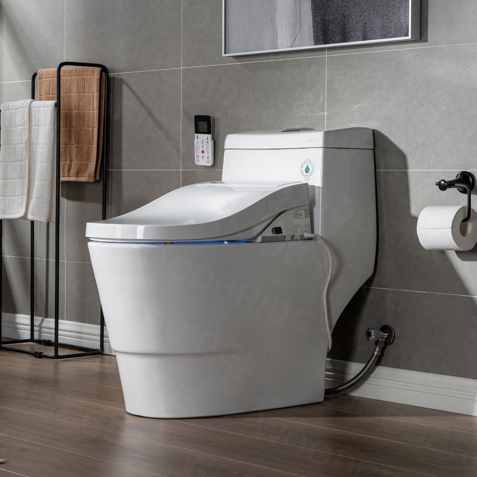 WoodBridge T-0008 White Luxury Bidet Toilet Elongated One Piece Toilet With Advanced Bidet Seat, Chair Height, Smart Toilet Seat With Temperature Controlled Wash Functions and Air Dryer