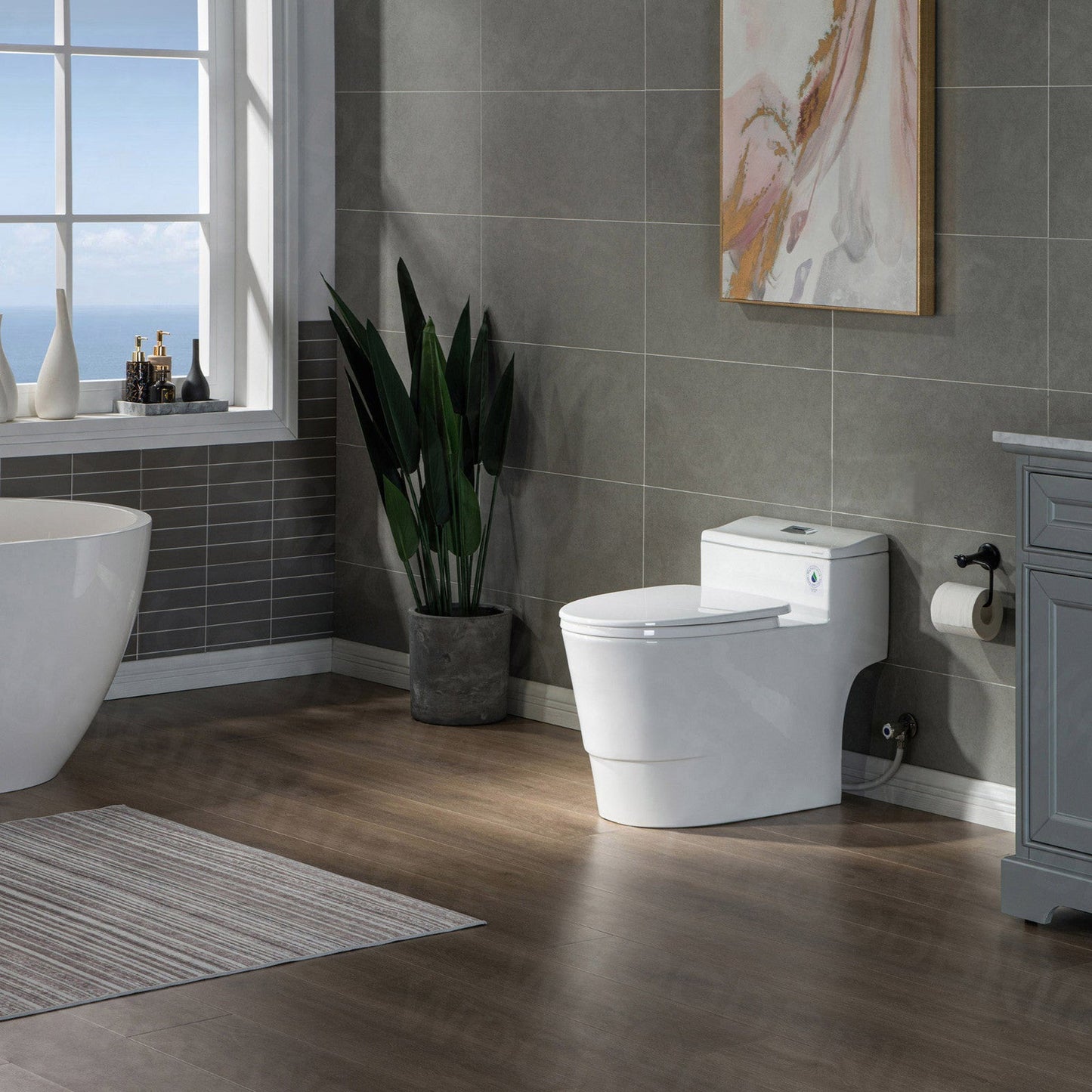 WoodBridge T-0018 White Dual Flush Elongated One Piece Modern Toilet With Soft Closing Seat, Comfort Height