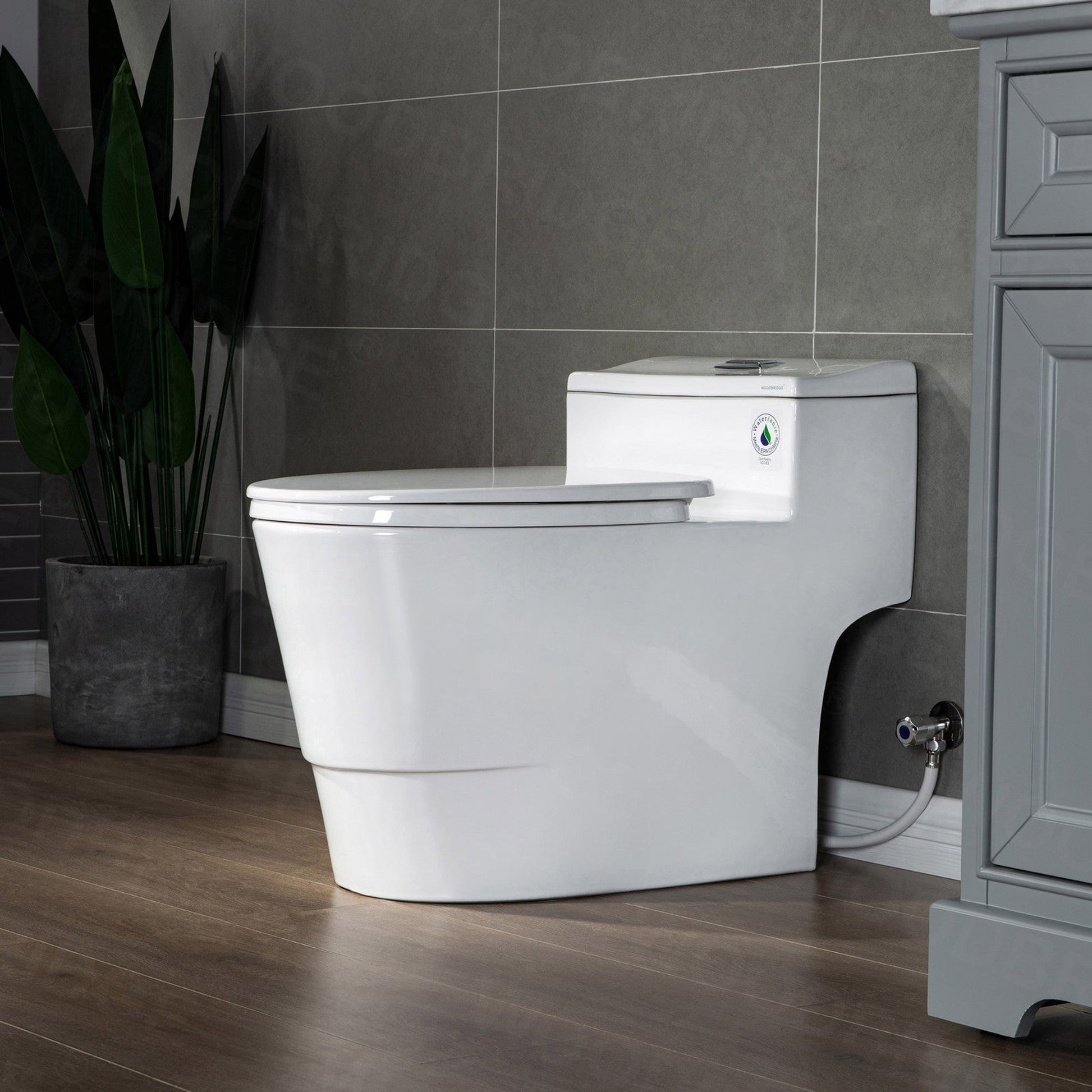 WoodBridge T-0018 White Dual Flush Elongated One Piece Modern Toilet With Soft Closing Seat, Comfort Height