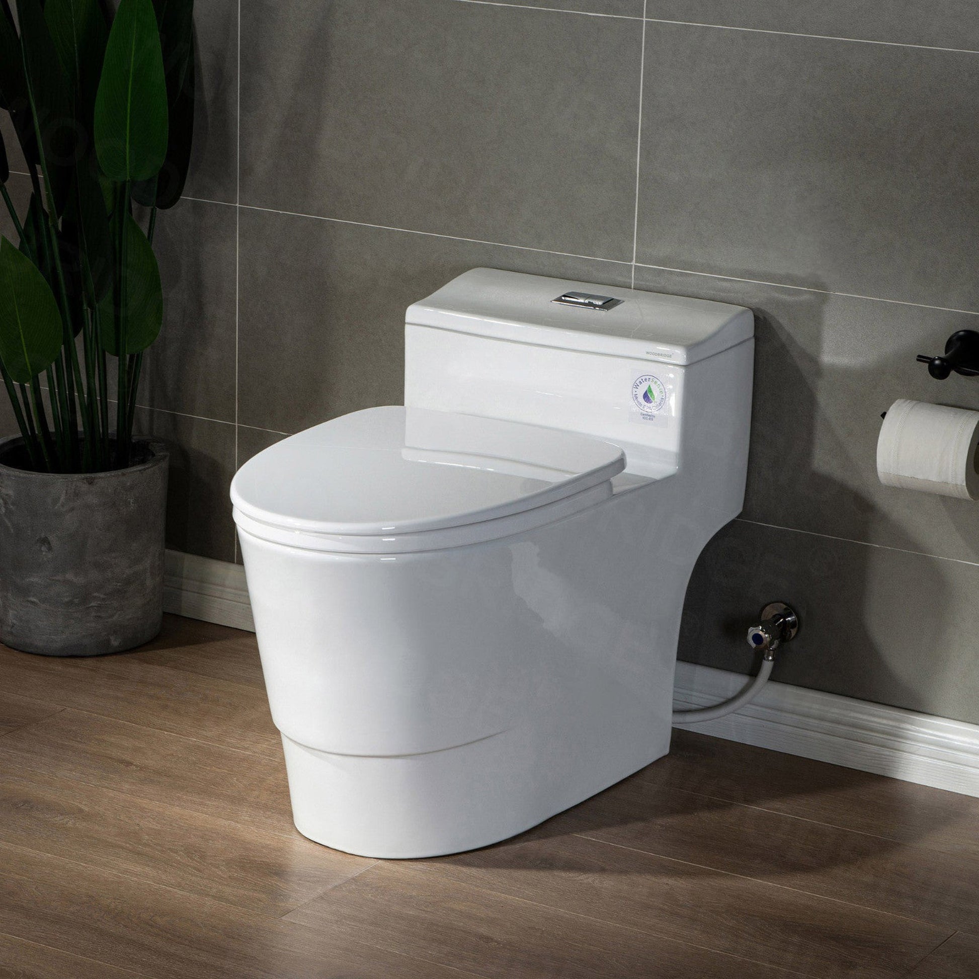 WoodBridge T-0018 White Dual Flush Elongated One Piece Modern Toilet With Soft Closing Seat, Comfort Height