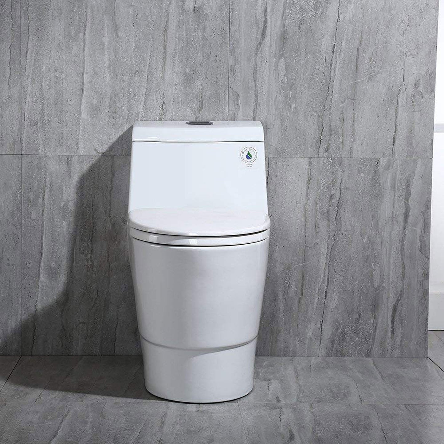 WoodBridge T-0019 White Dual Flush Elongated One Piece Toilet With Soft Closing Seat, Chair Height, Water Sense, High-Efficiency With Rectangle Button