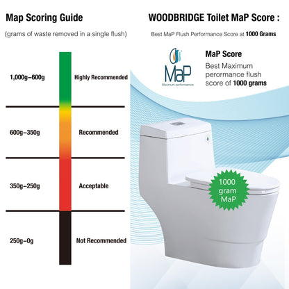 WoodBridge T-0019 White Dual Flush Elongated One Piece Toilet With Soft Closing Seat, Chair Height, Water Sense, High-Efficiency With Rectangle Button