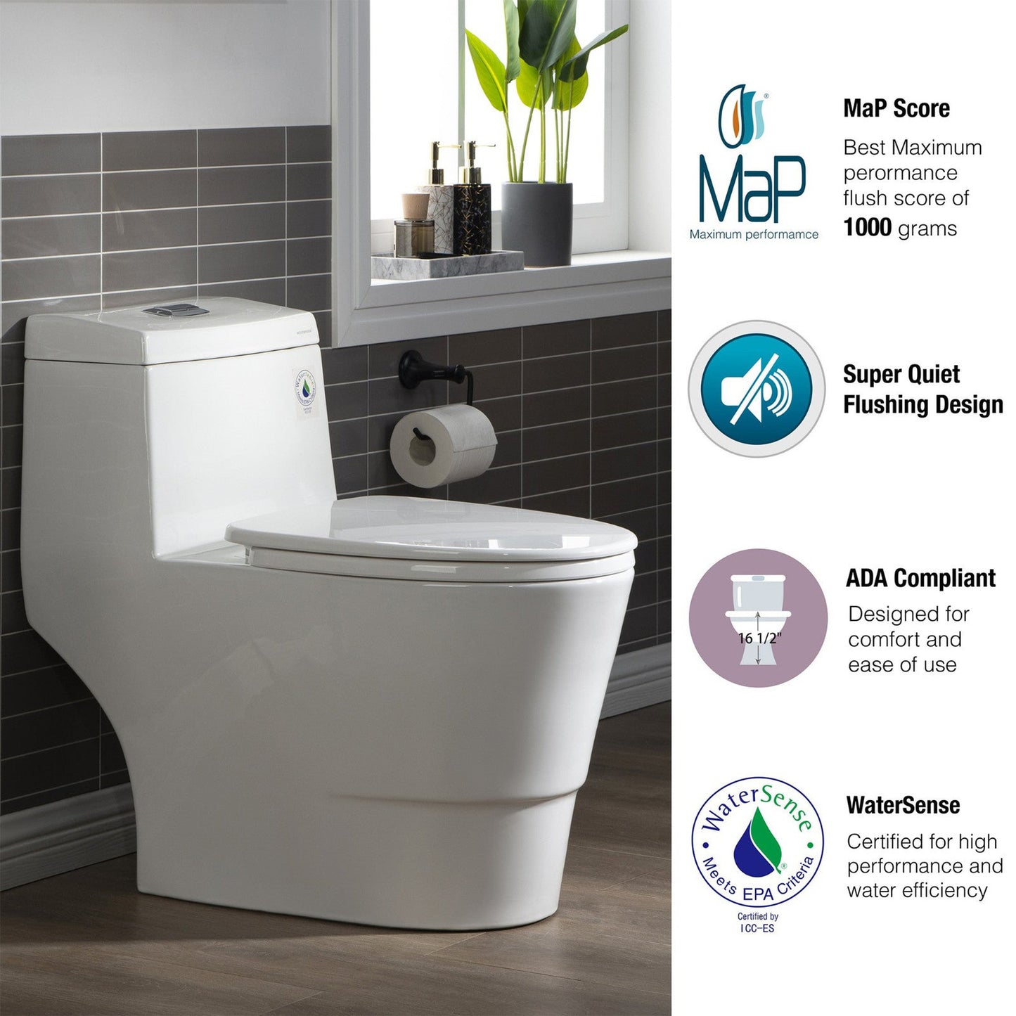 WoodBridge T-0019 White Dual Flush Elongated One Piece Toilet With Soft Closing Seat, Chair Height, Water Sense, High-Efficiency With Rectangle Button