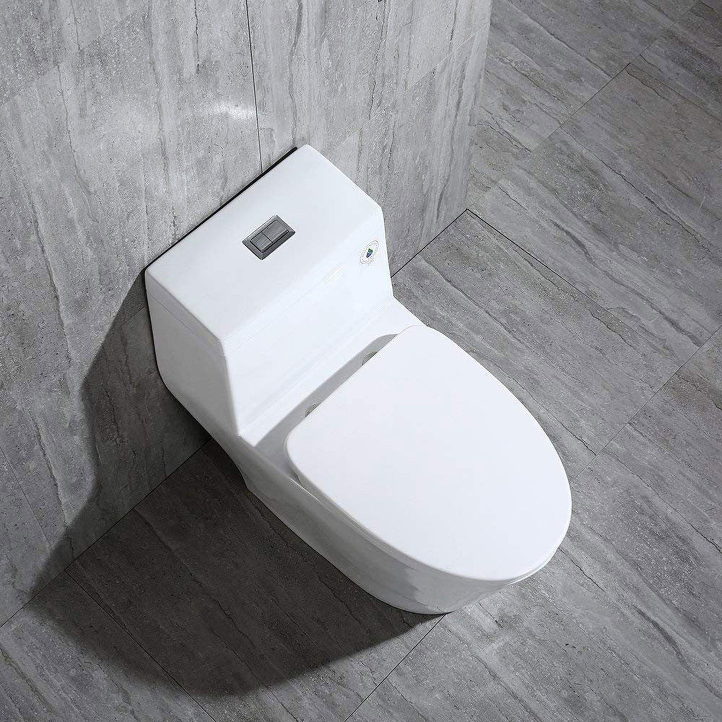 WoodBridge T-0019 White Dual Flush Elongated One Piece Toilet With Soft Closing Seat, Chair Height, Water Sense, High-Efficiency With Rectangle Button