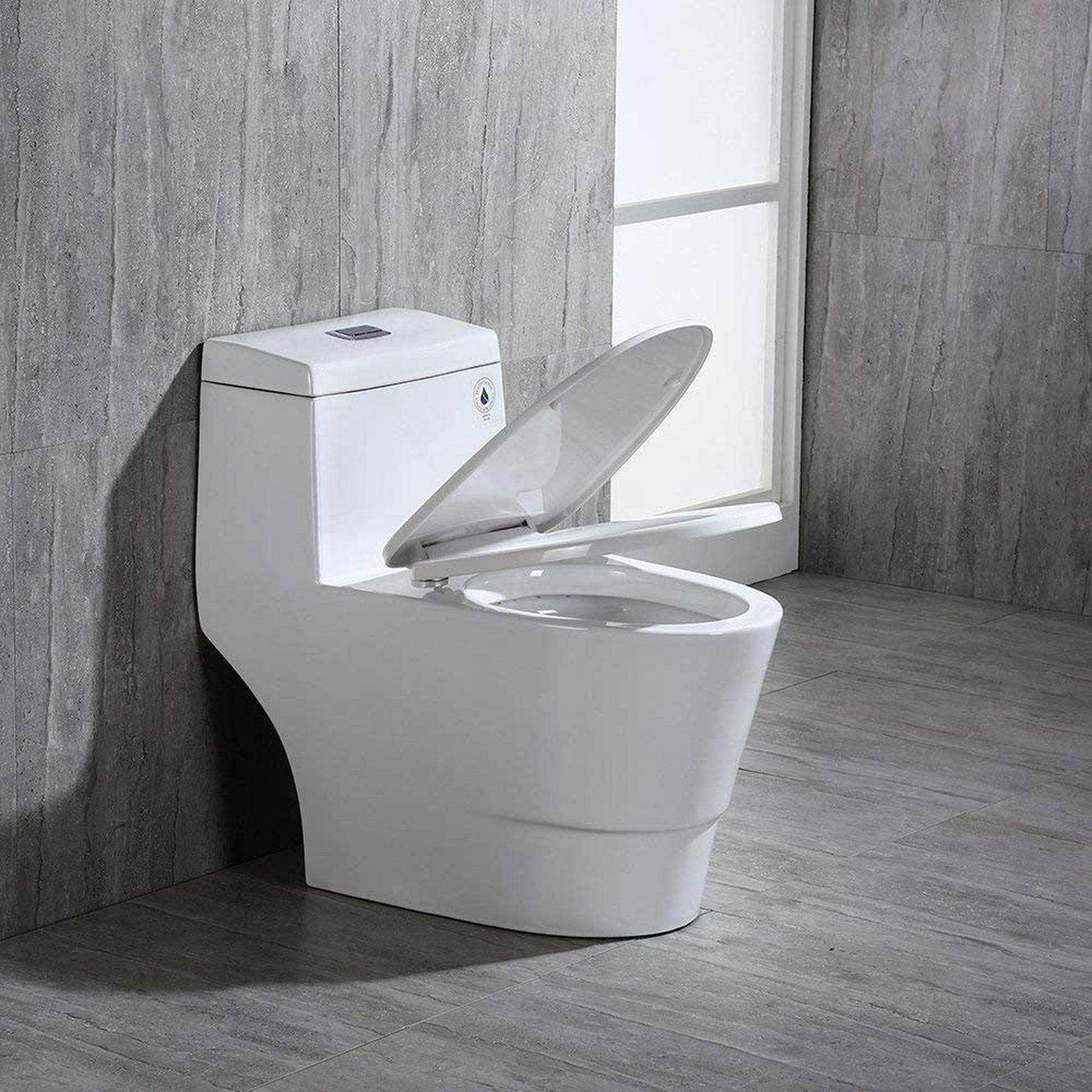 WoodBridge T-0019 White Dual Flush Elongated One Piece Toilet With Soft Closing Seat, Chair Height, Water Sense, High-Efficiency With Rectangle Button