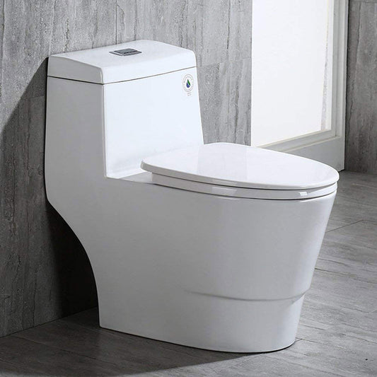 WoodBridge T-0019 White Dual Flush Elongated One Piece Toilet With Soft Closing Seat, Chair Height, Water Sense, High-Efficiency With Rectangle Button