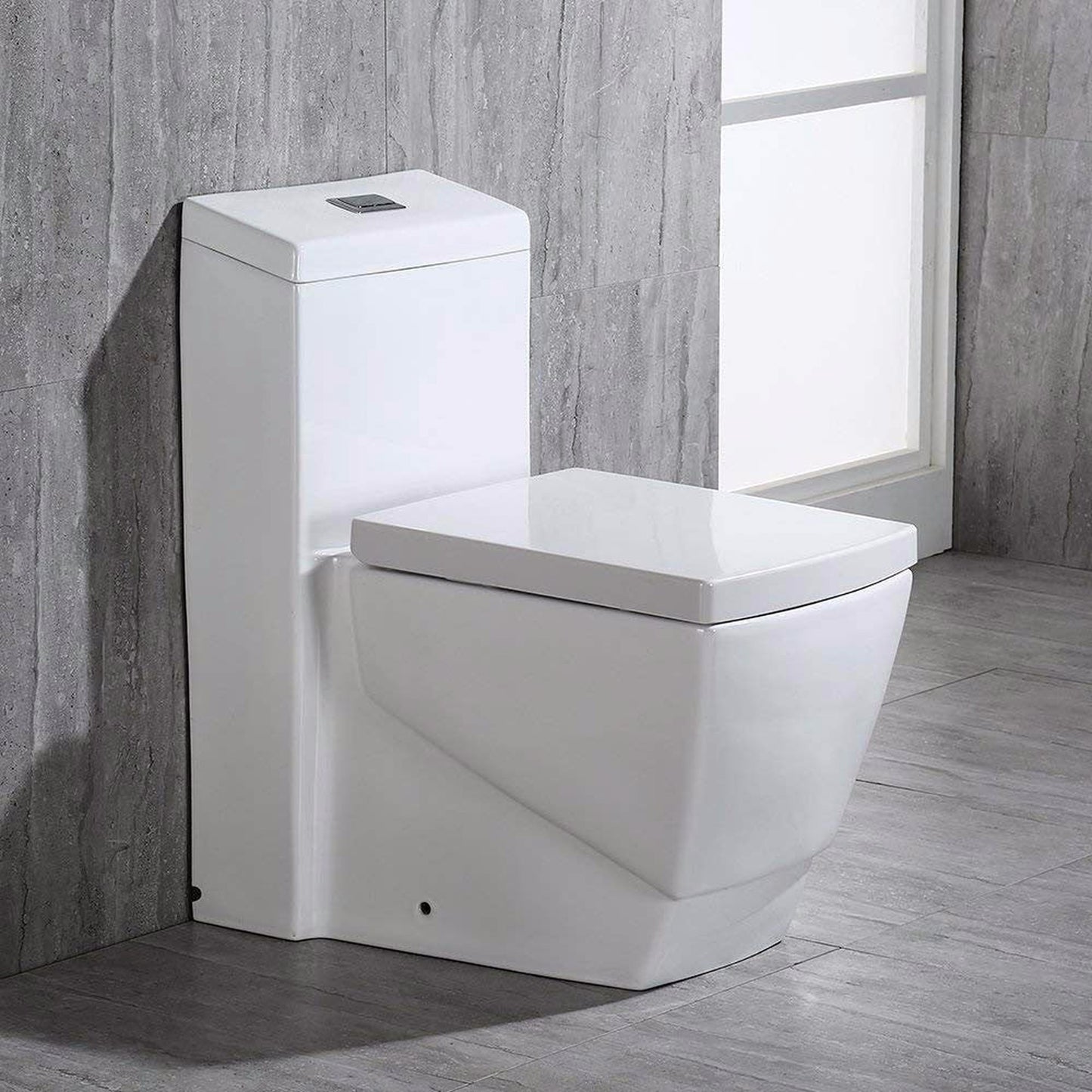 WoodBridge T-0020 White Dual Flush Elongated One Piece Toilet Chair Height With Soft Closing Seat, Deluxe Square Design