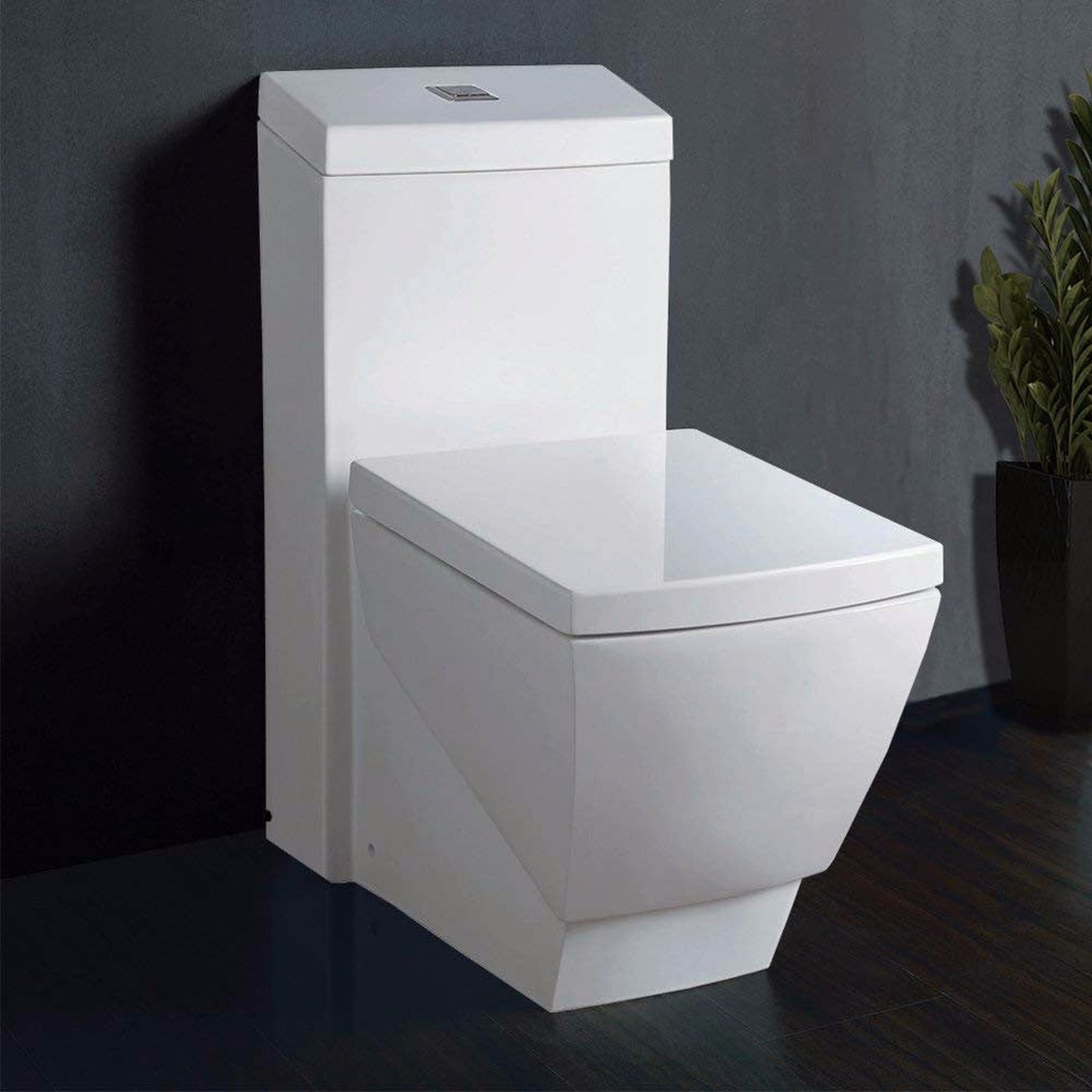 WoodBridge T-0020 White Dual Flush Elongated One Piece Toilet Chair Height With Soft Closing Seat, Deluxe Square Design