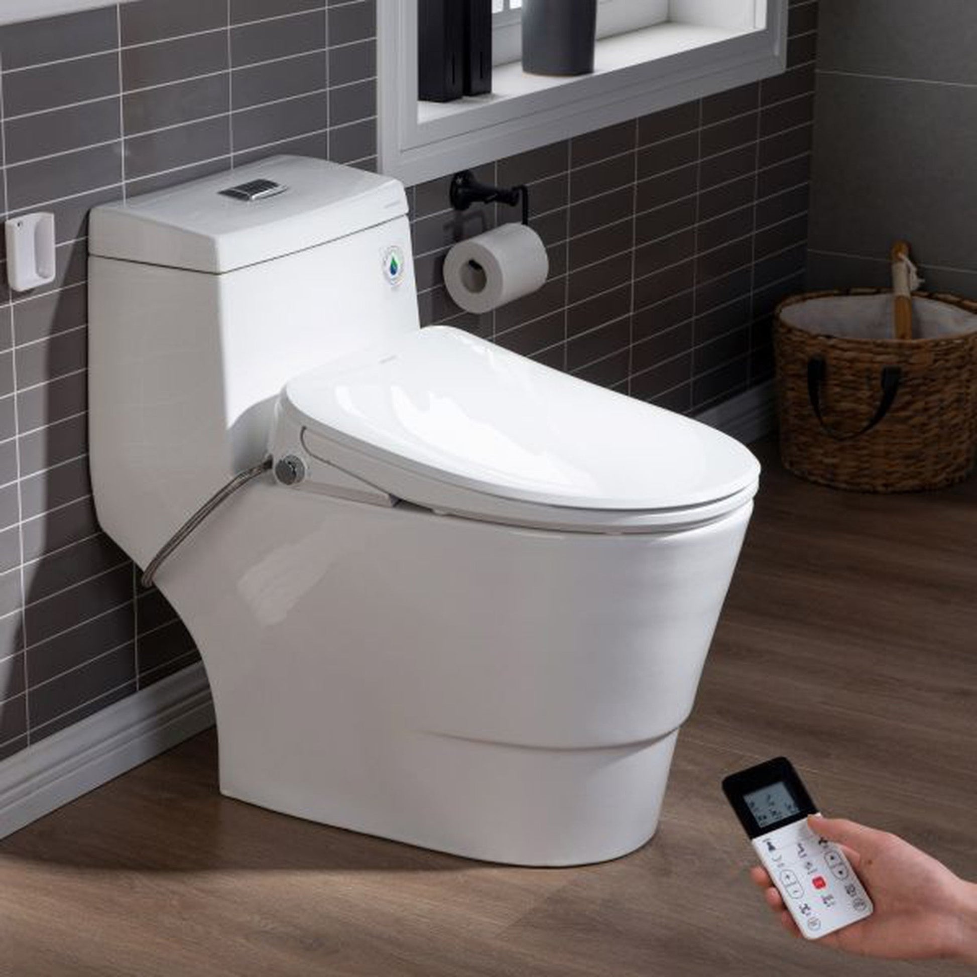 WoodBridge T-0041 White Elongated One Piece Toilet With Smart Bidet Seat, Electronic Advanced Self Cleaning, Soft Close Lid, Adjustable Water Temperature, LED Nightlight, Heated Seat, Warm Air Dryer