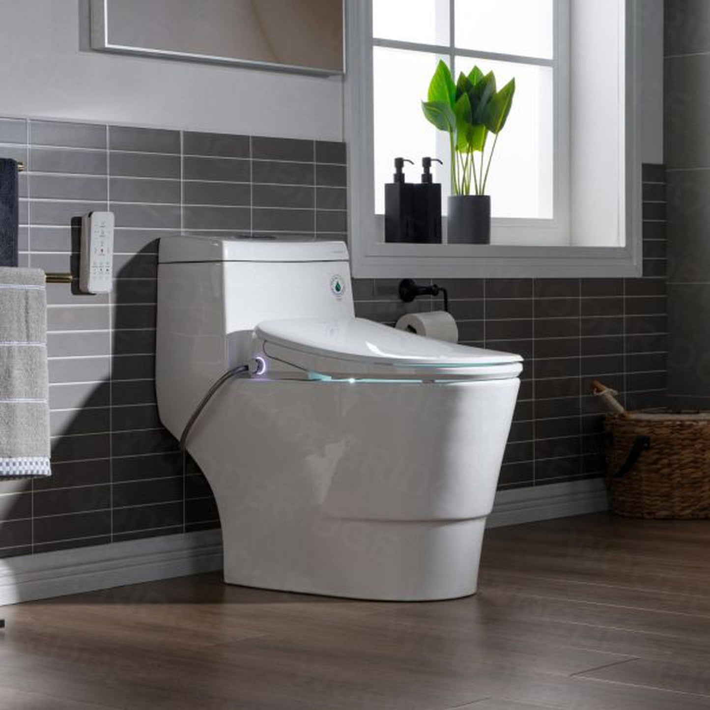 WoodBridge T-0041 White Elongated One Piece Toilet With Smart Bidet Seat, Electronic Advanced Self Cleaning, Soft Close Lid, Adjustable Water Temperature, LED Nightlight, Heated Seat, Warm Air Dryer