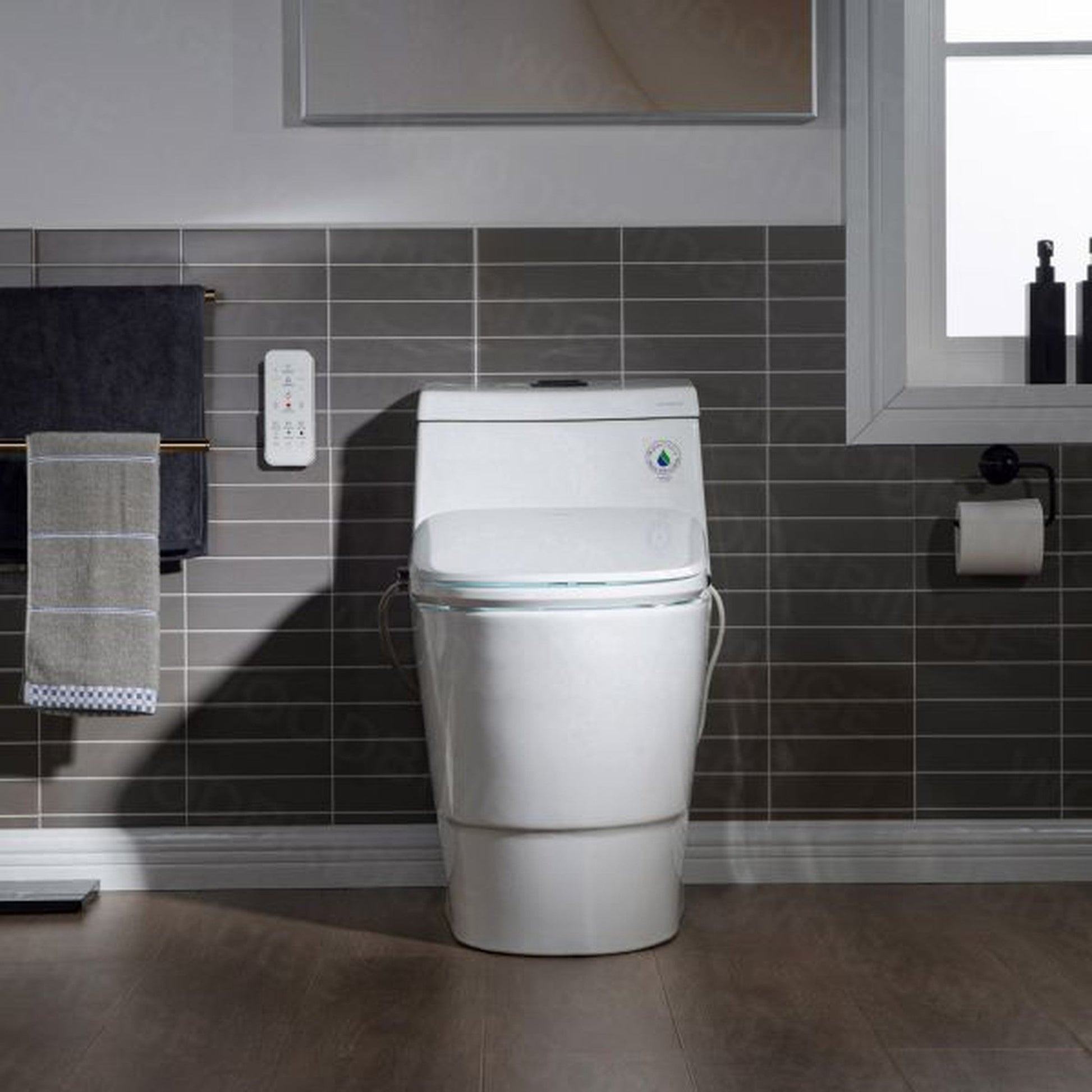 WoodBridge T-0041 White Elongated One Piece Toilet With Smart Bidet Seat, Electronic Advanced Self Cleaning, Soft Close Lid, Adjustable Water Temperature, LED Nightlight, Heated Seat, Warm Air Dryer