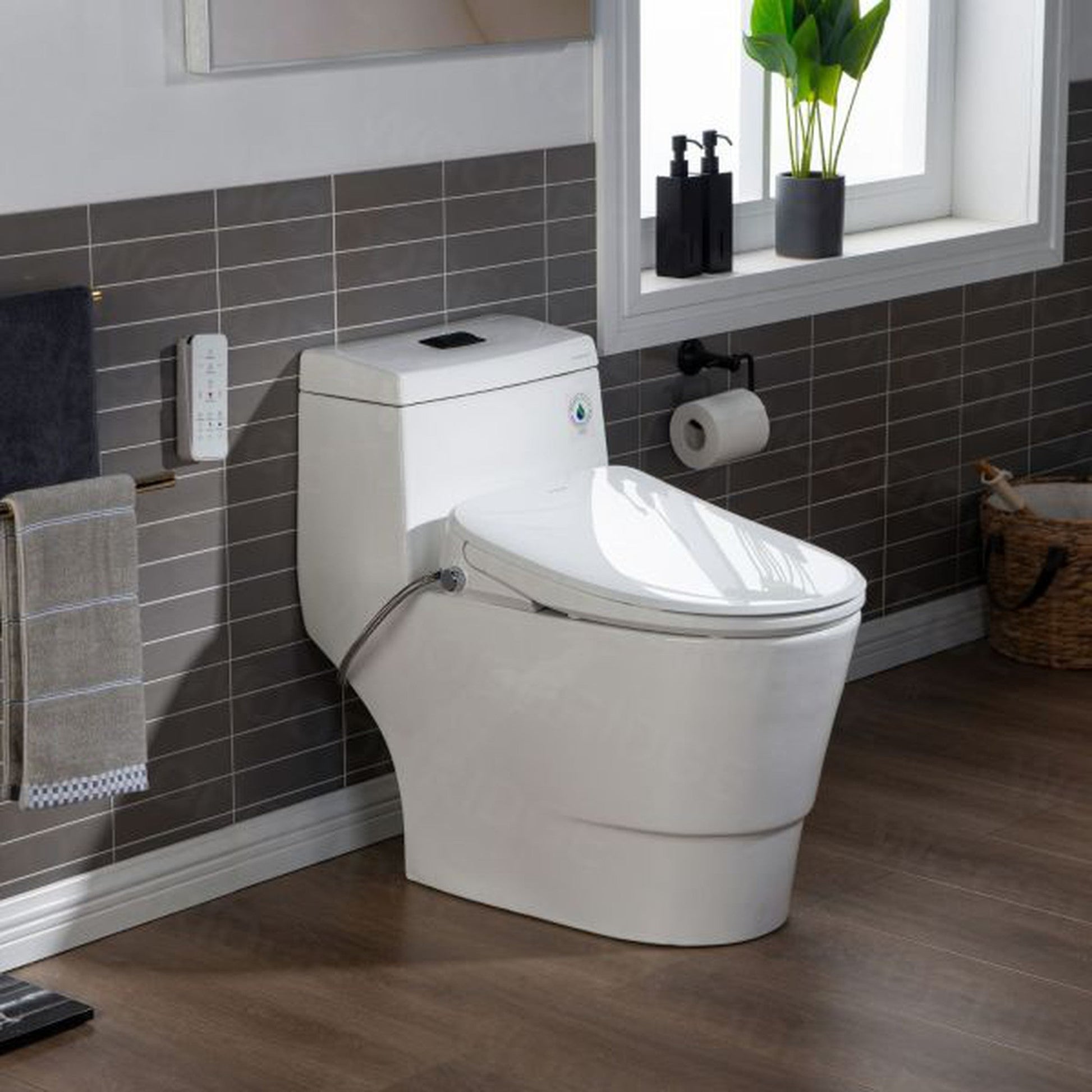 WoodBridge T-0041 White Elongated One Piece Toilet With Smart Bidet Seat, Electronic Advanced Self Cleaning, Soft Close Lid, Adjustable Water Temperature, LED Nightlight, Heated Seat, Warm Air Dryer