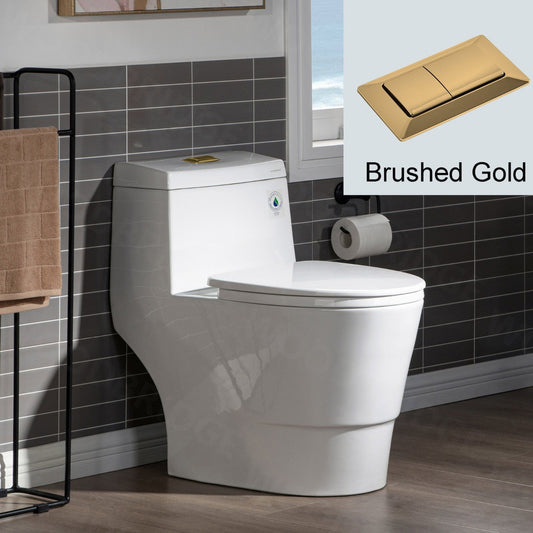 WoodBridge T0001-BG White One Piece Toilet With Soft Closing Seat, Chair Height, 1.28 GPF Dual, Water Sensed, 1000 Gram Map Flushing Score Toilet With Brushed Gold Button