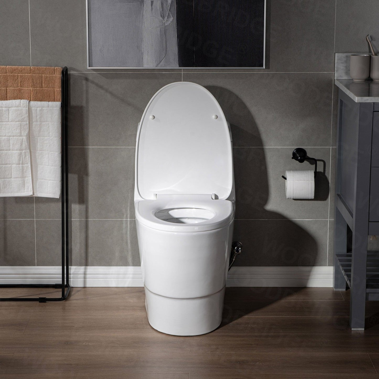 WoodBridge T0001-BN White One Piece Toilet With Soft Closing Seat, Chair Height, 1.28 GPF Dual, Water Sensed, 1000 Gram Map Flushing Score Toilet With Brushed Nickel Button