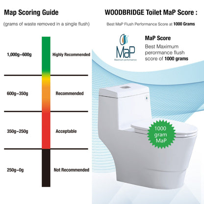 WoodBridge T0001-BN White One Piece Toilet With Soft Closing Seat, Chair Height, 1.28 GPF Dual, Water Sensed, 1000 Gram Map Flushing Score Toilet With Brushed Nickel Button