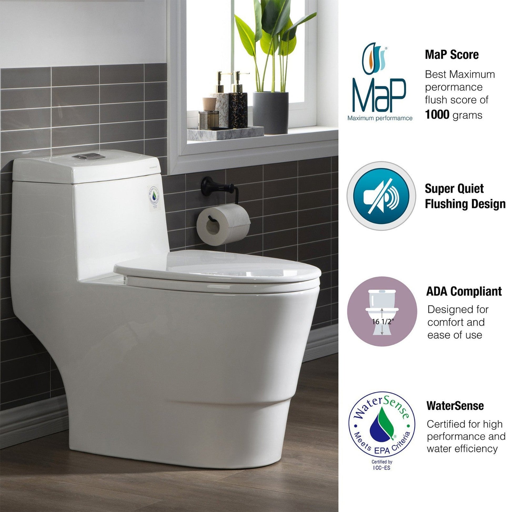 WoodBridge T0001-BN White One Piece Toilet With Soft Closing Seat, Chair Height, 1.28 GPF Dual, Water Sensed, 1000 Gram Map Flushing Score Toilet With Brushed Nickel Button