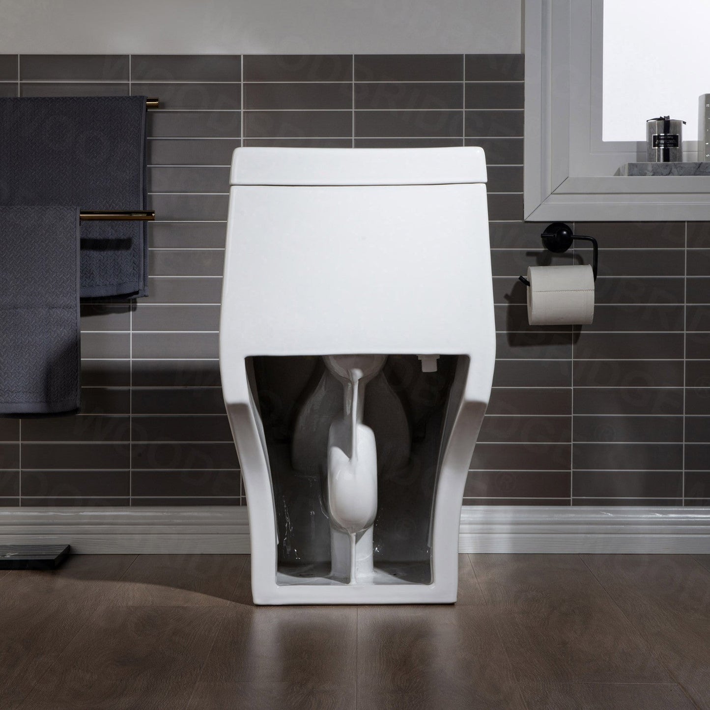 WoodBridge T0001-MB White One Piece Toilet With Soft Closing Seat, Chair Height, 1.28 GPF Dual, Water Sensed, 1000 Gram Map Flushing Score Toilet With Matte Black Button