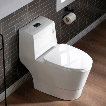 WoodBridge T0001-MB White One Piece Toilet With Soft Closing Seat, Chair Height, 1.28 GPF Dual, Water Sensed, 1000 Gram Map Flushing Score Toilet With Matte Black Button