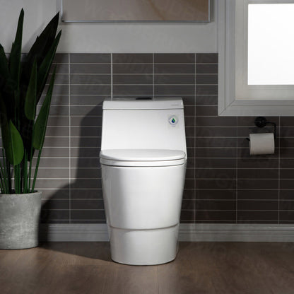 WoodBridge T0001-MB White One Piece Toilet With Soft Closing Seat, Chair Height, 1.28 GPF Dual, Water Sensed, 1000 Gram Map Flushing Score Toilet With Matte Black Button