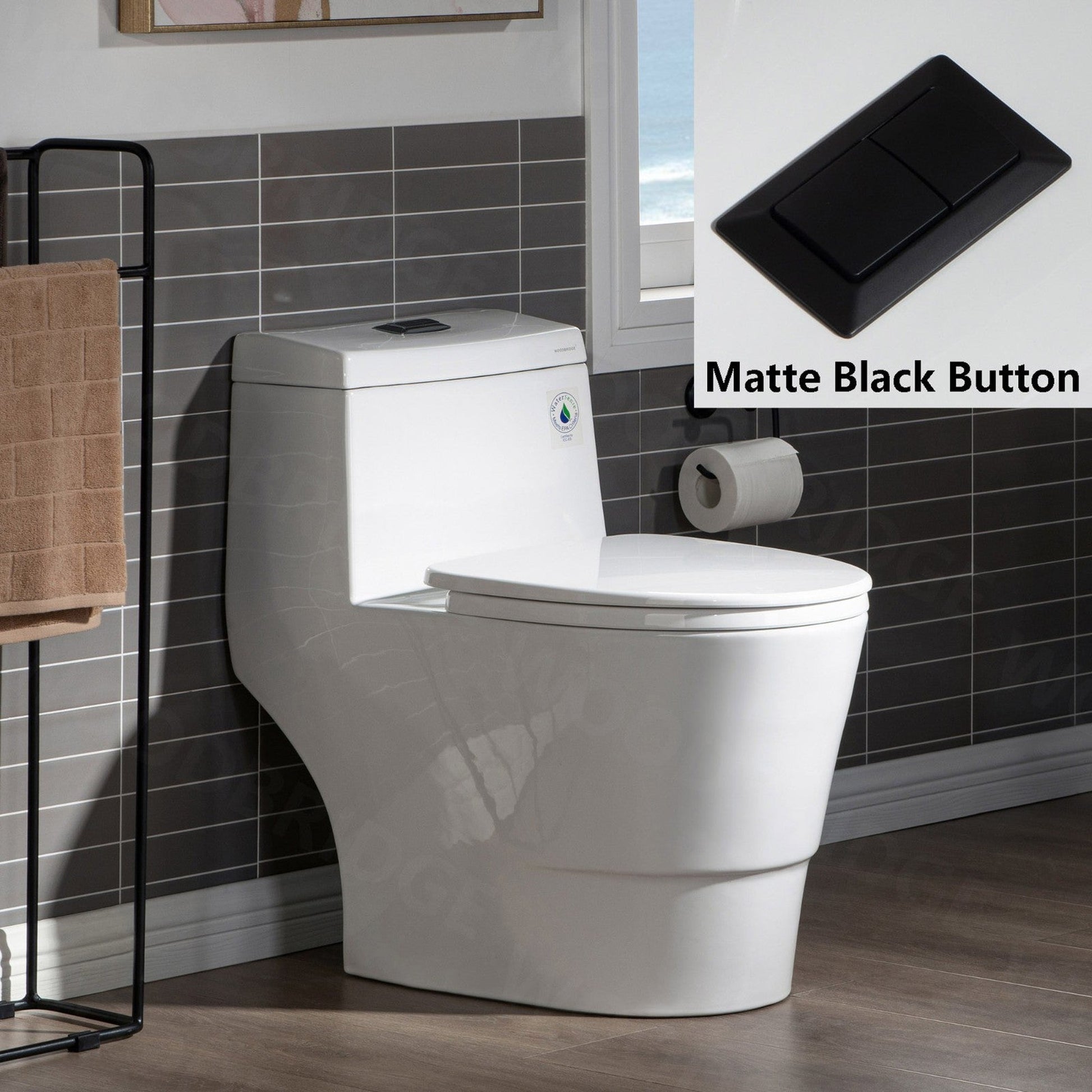 WoodBridge T0001-MB White One Piece Toilet With Soft Closing Seat, Chair Height, 1.28 GPF Dual, Water Sensed, 1000 Gram Map Flushing Score Toilet With Matte Black Button