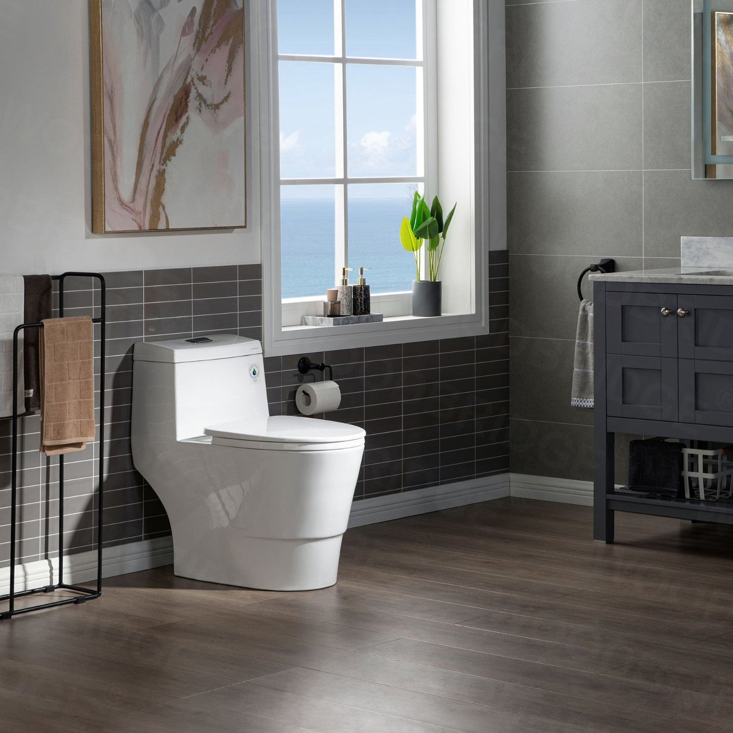 WoodBridge T0001-ORB White One Piece Toilet With Soft Closing Seat, Chair Height, 1.28 GPF Dual, Water Sensed, 1000 Gram Map Flushing Score Toilet With Oil Rubbed Bronze Button